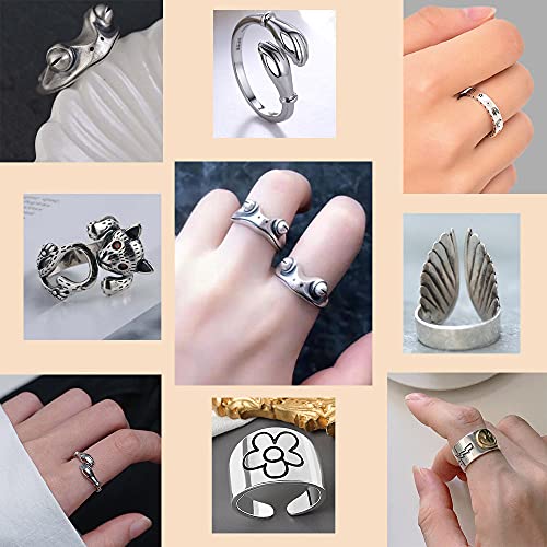 Aogrzun 16 Pcs Cool Silver Plated Frog Open Rings Set, Vintage Matching Rings, Cute And Stylish, Snake, Hug, Smiley Face, Moon And Sun Rings For Couples, Gift For Women Men Girls #TOP3