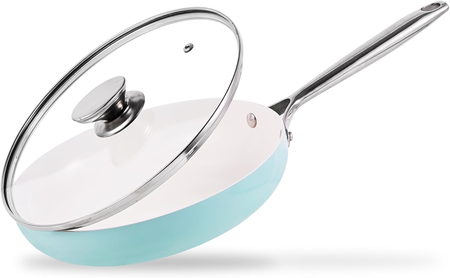 JEETEE Nonstick Frying Pan with Lid, 10" Ceramic Egg Omelette Pan W/Stainless Steel Handle, Non Toxic Skillet, PFAS-Free, Oven Safe, Compatible W/All Stovetops, Turquoise