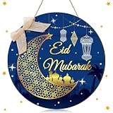 Anglechic Eid Mubarak Ramadan Kareem Door Sign Ramadan Wooden Hanging, Round Eid Mubarak Wooden Hanging Sign Wreath Moon Decorations, Muslim Wall Window Decorations(Eid Mubarak)