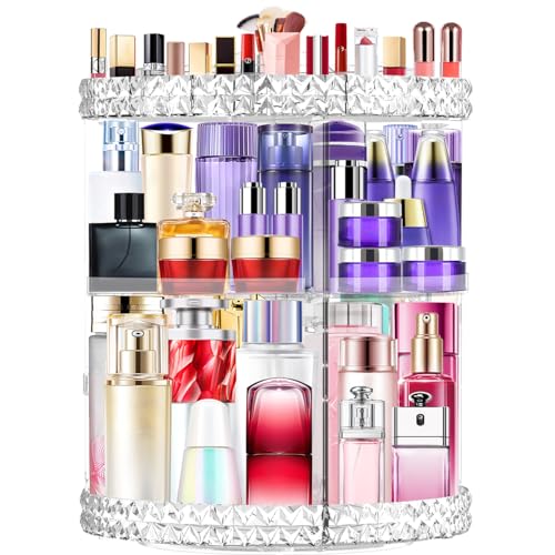 DenCert 360 Rotating Makeup Organizer, Large Capacity Cosmetic Organizer Perfume Organizer DIY Placement Make up Organizer and Storage for Dresser, Clear, Acrylic