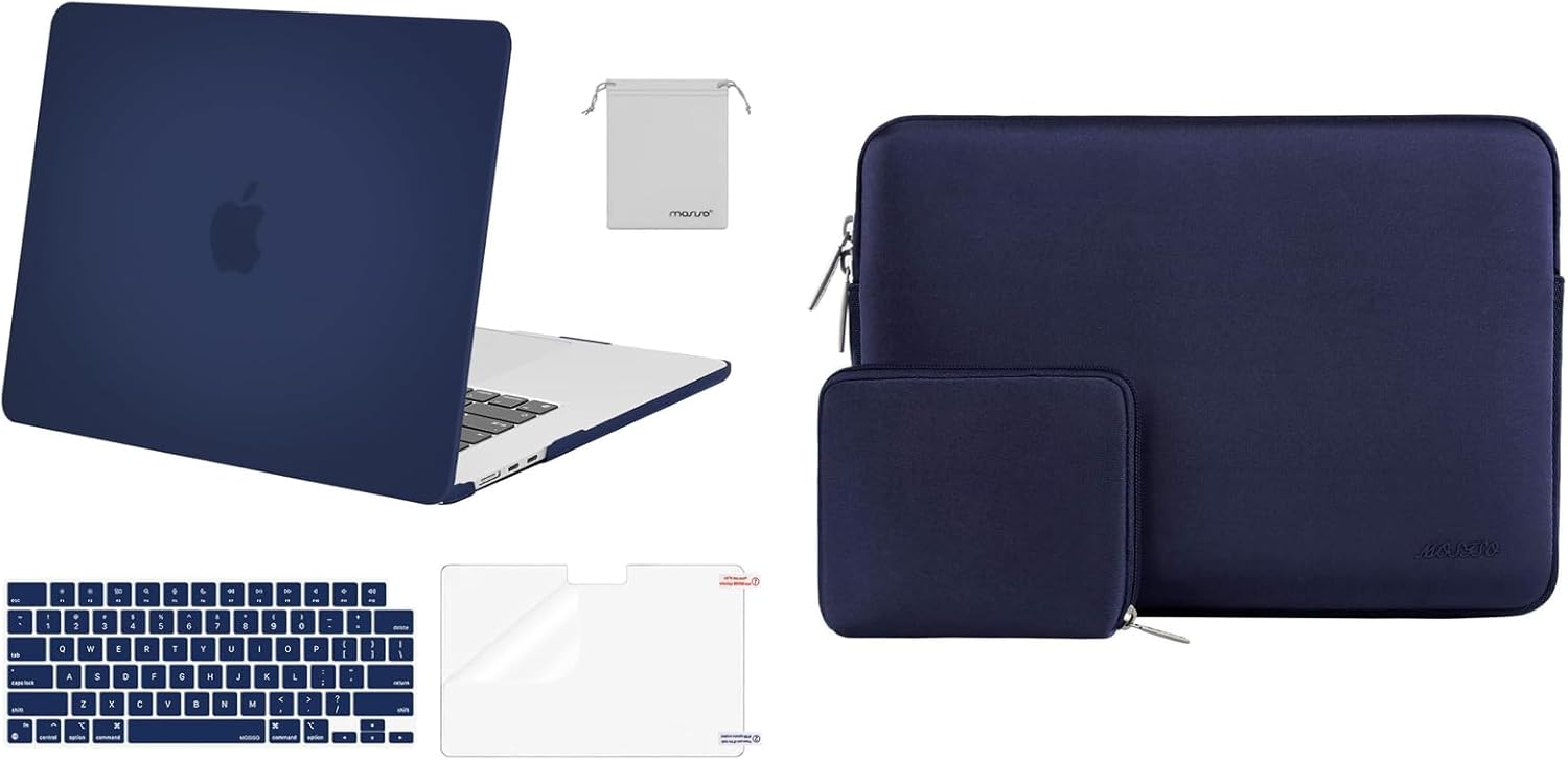 MOSISO Compatible with MacBook Air 15 inch Case 2023 Release A2941 M2 Chip, Plastic Hard Shell&Neoprene Sleeve Bag&Keyboard Cover&Screen Protector&Storage Bag, Navy Blue
