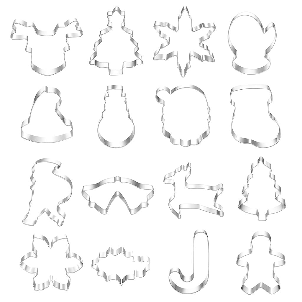 MALSSE 16 Pieces Christmas Shapes Cookie Pressable Biscuit Stamped Embossed Cookie for Christmas Molds for Baking Shapes
