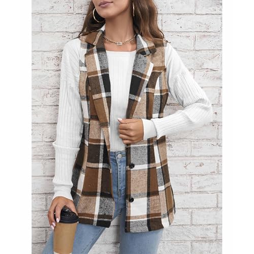 Womens Plaid Vest Long Open Front Sleeveless Suit Jackets Dressy Button Down Lapel Shacket Shirt Casual Blazer2