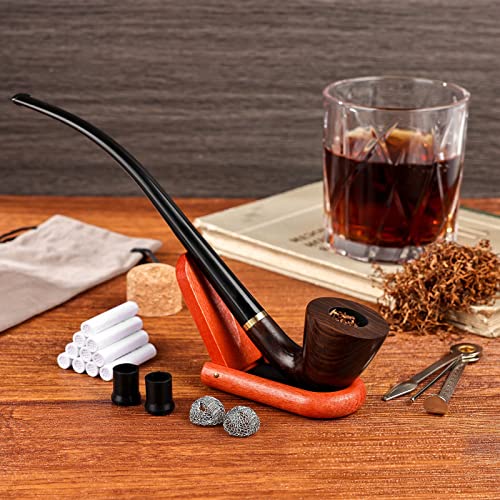 Joyoldelf Set de Pipes à Tabac en Bois - Ensemble de Pipe en Ébène à Long Manche avec 7 Accessoires, Grattoir en Acier Inoxydable 3-en-1, Filtre à Charbon Actif de 9 mm et Belle Boîte Cadeau Cover