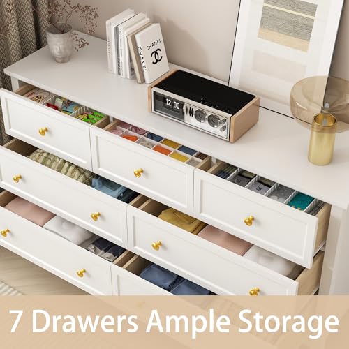 White-Dresser-for-Bedroom-with-7-Drawers-55-Large-Wood-Dresser-with-Gold-Handles-Modern-Wide-Chest-of-Storage-Drawers-for-Hallway-Living-Room White Dresser for Bedroom with 7 Drawers 55 Large Wood Dresser with Gold Handles Modern Wide Chest of Storage Drawers for Hallway Living Room