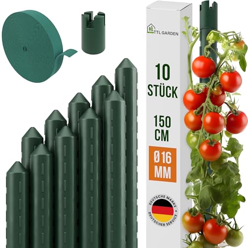 TTL GARDEN Rankstäbe 10er Set 150cm x 16mm Ø grün - extra stabile 16 mm Rankhilfe Pflanzstäbe + Klettband - Stahl rostfrei kunststoffbeschichtet Pflanzenstütze Blumenstütze Tomaten Paprika & Blumen