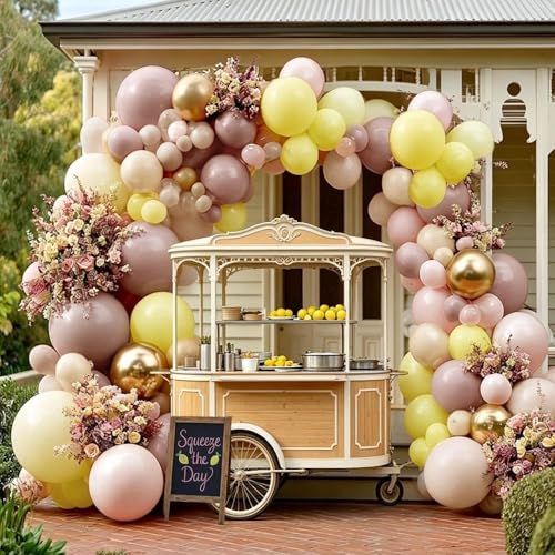 Image of Dusty Pink Yellow Balloon Arch, Double Stuffed Mauve Blush Cream White Gold Balloon Garland Kit for Boho Baby Shower Birthday Bridal Wedding Bee Lemon Graduation Party Decorations