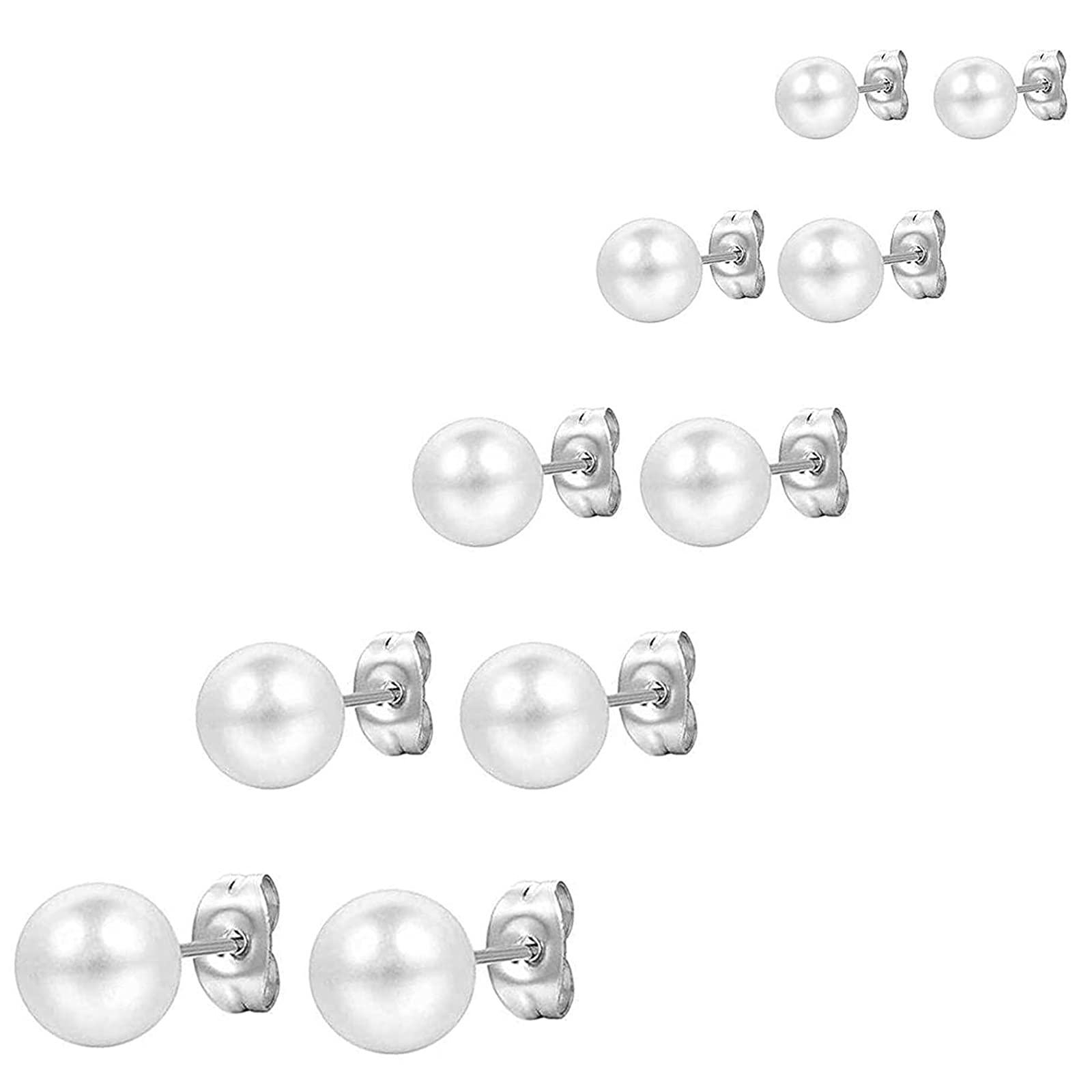 Zeayebsr 5 pares Pendientes de Perlas Blanca Plata de Ley 925 para Mujeres, Pendientes de oreja Cierre Presión Hipoalergénicas