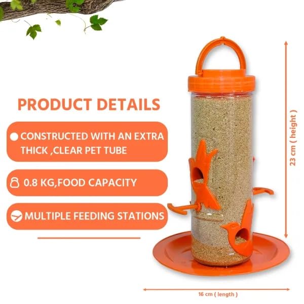 Image of Amijivdaya Medium Hanging Bird Feeder for Garden Balcony | 4 Feeding Ports | 700g Seed Capacity | Food-Grade Plastic | Easy Refill & Weatherproof (Orange, Pack of 2)