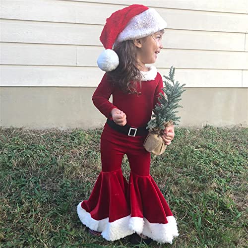 Toddler Girls Christmas Santa Claus Costume Set 3Pcs Long Sleeve Tops Bell Bottom Velvet Pants Cosplay Outfits, A-Red, 7-8Year (Yynn-3) #TOP1