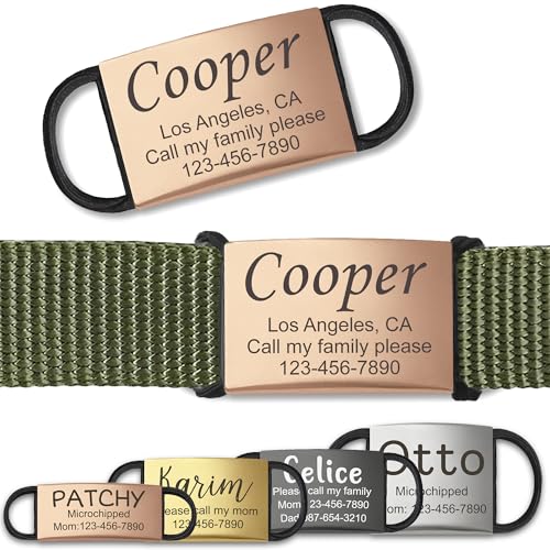 Anavia Slide On Silent Pet ID Tags, S/M/L/XL Personalized Stainless Steel Cat Dog Tag with Elastic Fabric Band, Engraved Nameplate Quiet Chew-Proof Pet Collar Tag (Rose Gold, X-Large)
