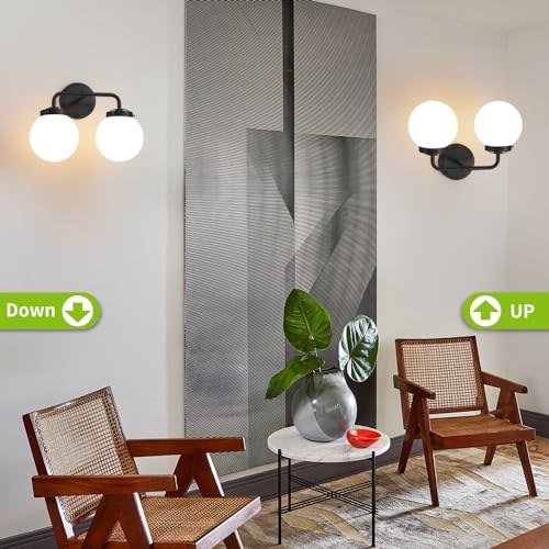 Image of Bathroom Light Fixtures 14in 2-Light Matte Black Vanity Lights for Mirror | Bathroom Lighting Fixtures over Mirror, ETL, Brushed Brass Wall Sconce, Dimmable E12 Base Max 60W, Milky Glass Ball Shades