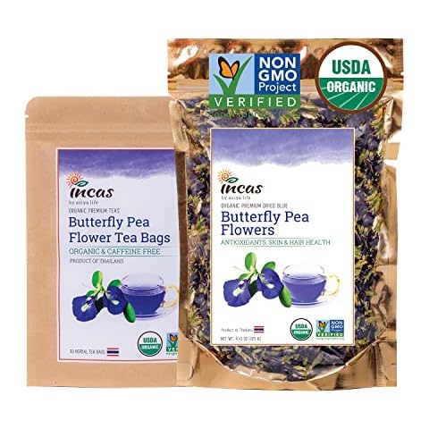 INCAS 100% USDA Organic Butterfly Pea Flower Tea Bundle Loose Leaf DIRECT FROM SOURCE 4.41 Ounce & 30 Tea Bags Sourced From Thailand, Caffeine Free Cover