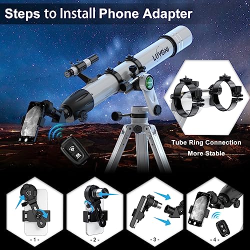LUVONI Telescope, 90mm Aperture 900mm Telescopes for Adults Astronomy with Fine-tuning AZ Tripod, Multi-coated High Transmission Professional Refractor Telescope with Slow-motion Knobs & Phone Adapter - Thumbnail 6