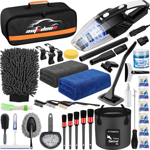 AUTODECO 41Pcs Car Cleaning Wash Kit Interior Detailing Cleaner Kit with High Power Handheld Vacuum, Collapsible Bucket, Windshield Tool, Snow Shovel, Tire Brush, Complete Car Care Tools, Black