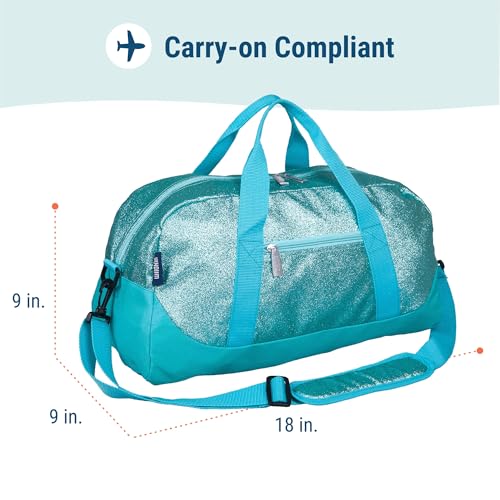 Image of Wildkin Kids Overnighter Duffel Bag - Carry-On Travel Bag for School & Sleepovers, Lightweight, Durable, Boys & Girls Ages 4-15 - Blue Glitter