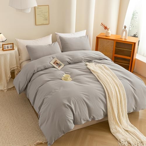 Image of ECOCOTT Light Grey Duvet Cover Queen Size - 100% Washed Cotton Linen Feel Super Soft Comfortable Lightweight 3 Pcs Home Bedding Set with Zipper Closure