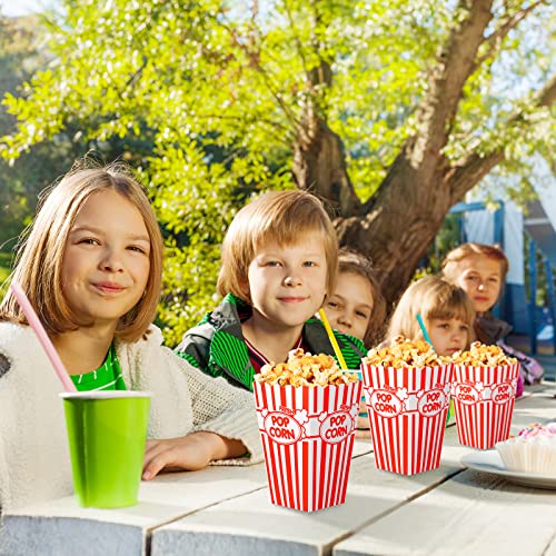 Image of Xinnun 100 Pcs Popcorn Boxes 32oz Classic Stripe Paper Buckets Disposable Oil Proof Popcorn Container Retro Open Top Box for Movie Night Supplies Theaters Carnival Birthday Party(Red and White)
