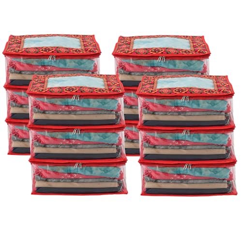 Image of Heart Home Pack of 12 Saree Storage Bag | 6 Inch | Wardrobe for Lehenga-Suit | Garment Clothing Cover | Lightweight-Portable Clothes | Chaudi Lace Printed | Red