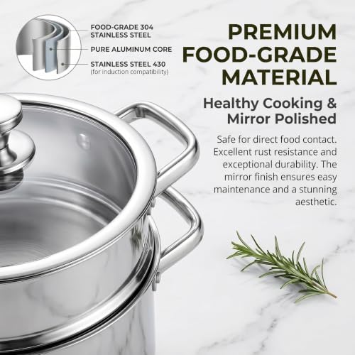 Image of Stainless Steel Cookware Set, 16-Piece Pots and Pans Set Non Toxic, Kitchen Induction Cookware with Glass Lids, Steamer, Utensil Sets, Pot Protectors & Apron, Oven & Dishwasher Safe, Silver