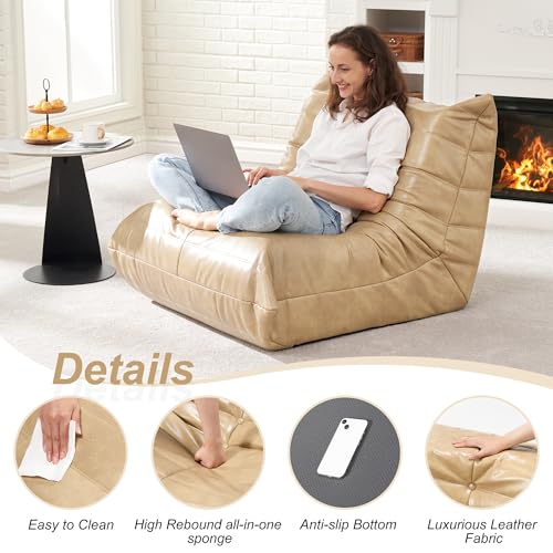 Image of Hobestluk Giant Bean Bag Chair Lazy Floor Sofa, Memory Foam Fireside Sofa for Adults, Big Beanbag Faux Leather Armless Chair for Living Room Bedroom Dorm Office (Khaki, Single)