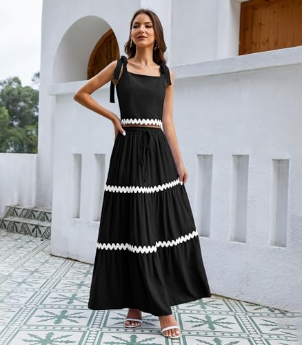 Image of ETOSELL Womens Two Piece Skirt Set 2024 Summer Sets Tie Up Sleeveless Tank Top Maxi Skirt Casual Beach Cruise Vacation Dresses Outfits with Pockets, Small