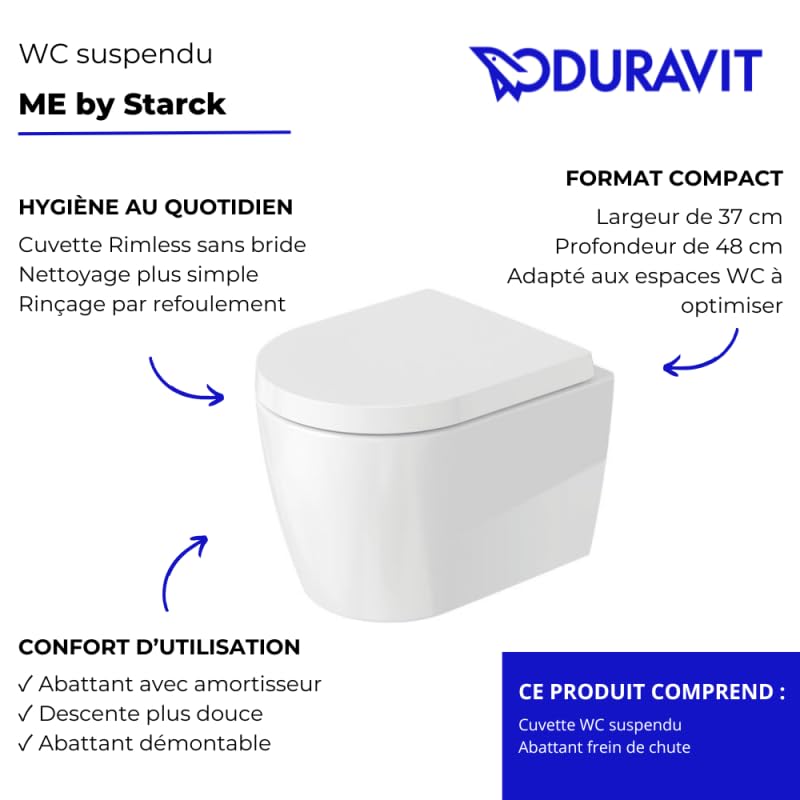 Pack cuvette WC suspendu compact sans bride DURAVIT ME by Starck avec abattant frein de chute