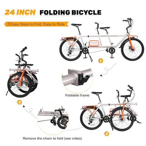 Image of Heavy Duty 24 Inch 6 Speeds Folding Tandem Bike for Adults-2-Seater Foldable Double Bike Folding Tandem Beach Cruise Bike with Front and Rear Carrier,2 Colors