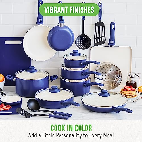 GreenLife Soft Grip 23 Piece Kitchen Cookware Pots and Frying Saucepans Set, Healthy Ceramic Nonstick PFAS and PFOA-Free, Dishwasher and Oven Safe, Even Heating, Easy Clean, Warp Control, Blue