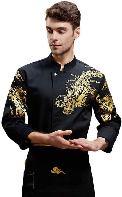 Dragon Print Stand Collar Long Sleeve Chef Coat Work Top