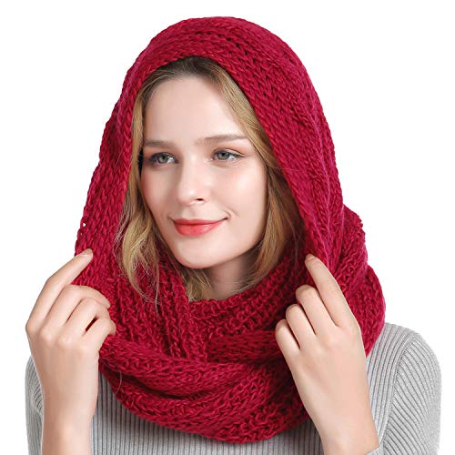 Queenfur Winter Women Thick Cable Knit Ribbed Infinity Circle Loop Scarf Matches With Beanies (Red) #TOP3