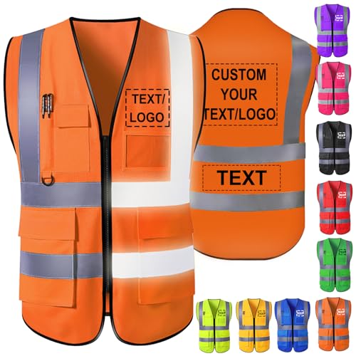Akmxem Personalisierte Warnweste Aufdruck mit Text oder Logo und Mehreren Taschen Warnschutz Arbeitsweste Sicherheitsweste mit Bedruckbare