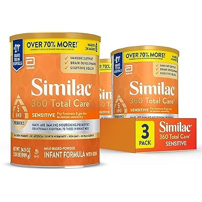Similac 360 Total Care Sensitive Infant Formula for Fussiness & Gas Due to Lactose Sensitivity, Has 5 HMO Prebiotics, Baby Formula Powder, 34.9-oz Value Can, Pack of 3