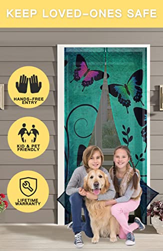 Magnet Screen Door Mesh Curtain Door Screen Magnetic Closure, Vintage Colorful Butterflies Heavy Duty Retractable Net Closure Front Patio Door Curtain, Classical Blue Green 38"X83" #TOP5