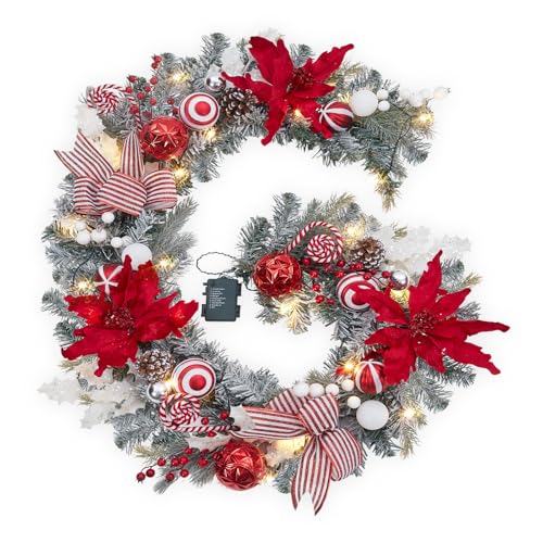 Battery Operated Christmas Garland, 6FT Battery Powered Xmas Garlands Pre Lit Lights with Timer, Red Baubles Pinecones Poinsettia Bow Fireplace Staircase Front Door Indoor Outdoor Christmas Decor by IDEALHOUSE - Used condition - US$9.89