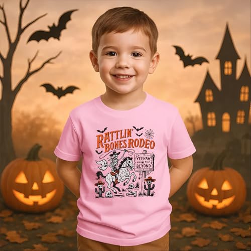 KEKEMI Toddler Boys Girls Halloween Shirt Bones Rodeo T-Shirt Skeleton Cowboy Spooky Season Outfit Fall Short Sleeve Tee Tops2
