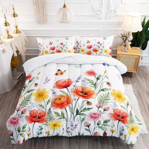 Image of AILONEN Orange Flower Comforter Set Queen Size, Meadow Butterfly Bedding Ensemble, Colorful Poppy Bedspread Quilt with 2 Pillowcases for Master Bedroom