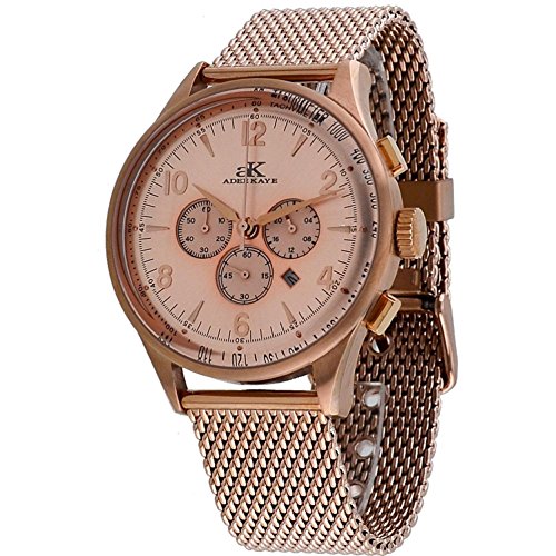 Adee Kaye #AK9040-MRG Men's Retro Collection Rose Gold Tone Stainless Steel Mesh Band Silver Dial Chronograph Watch