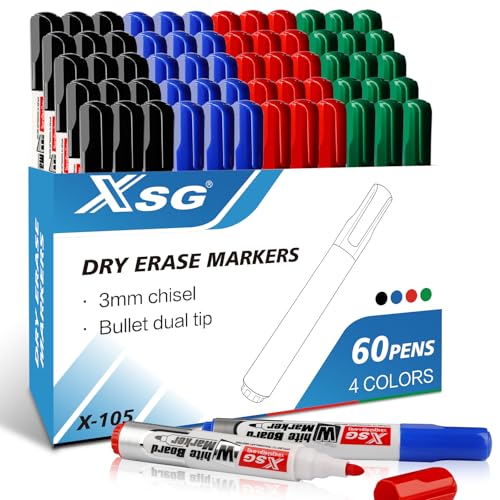 Marqueurs effaçables à sec ABEIER lot de 60 feutres pointe ogive 3mm en 4 couleurs pour tableau