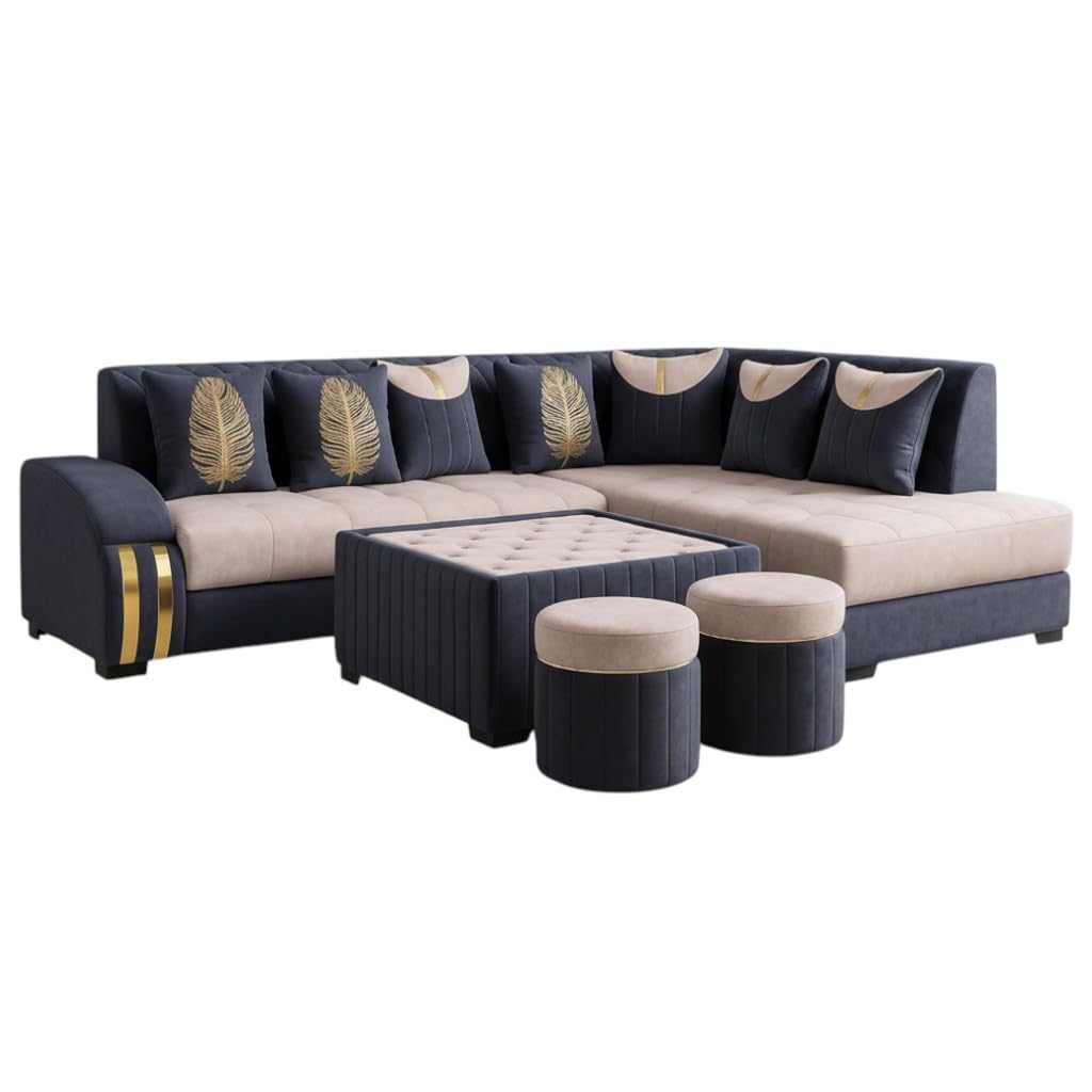 WOOD MART STORE L Shape 7 Seater Sofa Set | Fabric Sectional Sofa with Centre Table & 2 Puffy Ottomans for Living Room (Grey & Cream)-image-45