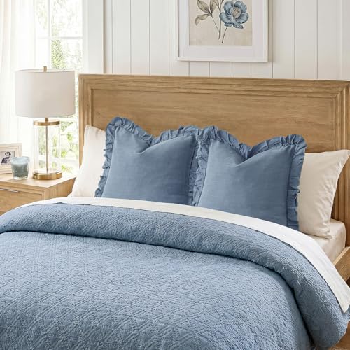 Image of Foindtower Set of 2 Decorative Linen Fringe Ruffle Throw Pillow Covers Soft Boho Farmhouse Cushion Cover Cozy Accent Retro Pillowcase for Couch Sofa Bed Living Room Home Decor,18x18 Inch,Coronet Blue