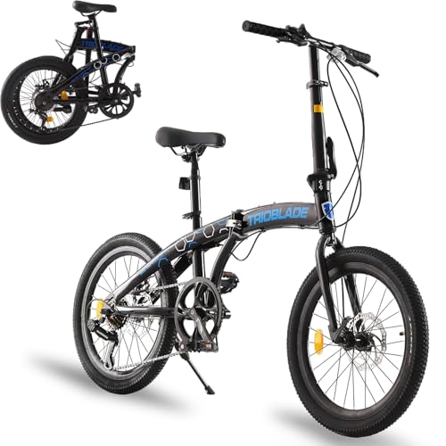 LSBIKE 20 Zoll Klapprad, 7-Gang Shimano Schaltung, Faltbares City Bike mit Scheibenbremse, Leichtes Fahrrad für Erwachsene & Jugendliche, Tragbares Stadtrad (Schwarz-Blau)