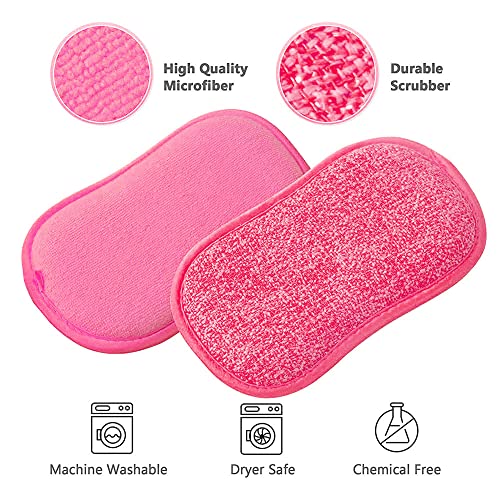 Image of Durable Scrub Scouring Sponge, Non-Scratch Microfiber Multi Surface Scrub and Wipe Sponges, Effortless Cleaning of Dishes, Pots and Pans, 6 Pack, Pink