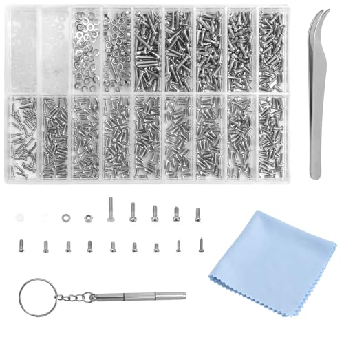XRVRILE 1000 PCS Kit de réparation pour lunettes, mini vis avec pince, tournevis et chiffon vis pour lunettes de vue pour lunettes pour différents types de montures et...