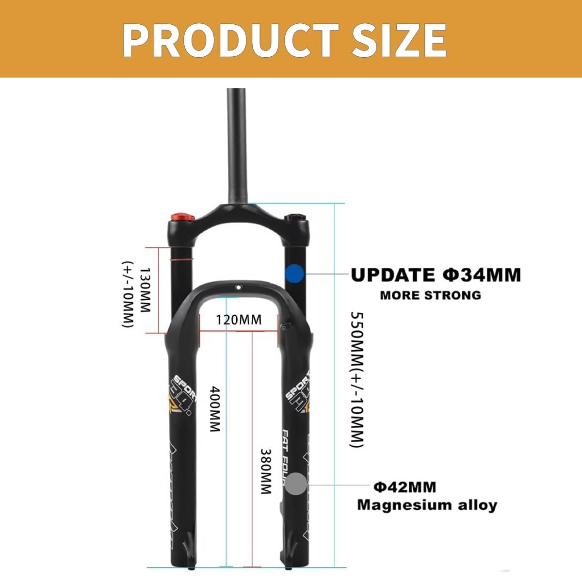 Forcella Fat Fork, Pneumatici da 26 Pollici 4.0", Sospensione pneumatica per Bici elettriche, Escursione di 100 mm, Perno QR da 9 mm, Freni a Disco HL/RL, Manubrio Dritto da 1-1/8"