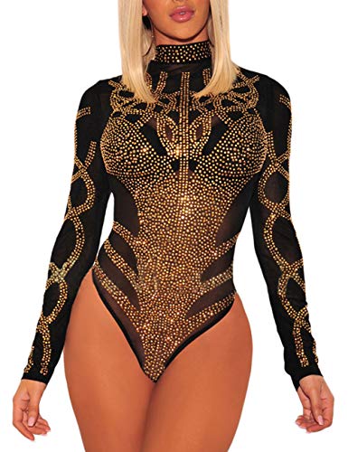 Eiffel Sexy Women s Gold Rhinestone Faux Bustier Mesh Long Sleeves Bodysuit Top Black