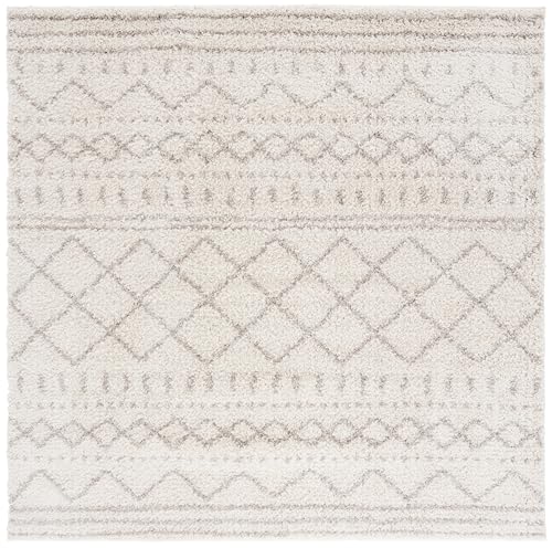 Image of SAFAVIEH Arizona Shag Collection Area Rug - 6'7" Square, Ivory & Beige, Moroccan Boho Design, Non-Shedding & Easy to Clean, Ideal for Living Room, Bedroom, Dining Space (ASG741A)
