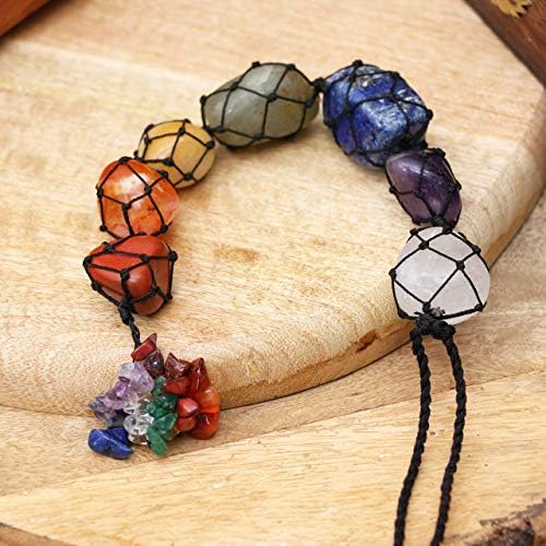 FASHIONZAADI Seven Chakra Gemstone Tumble Stone Wall & Car Hanging Figurine For Reiki Healing Crystal Statue Handmade Chakra Balancing House Window Decor Love Crystals Hanging Size - 10-11 inch Apr.