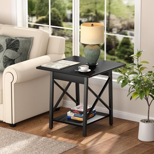 Image of GreenForest Square End Table 24 Inch with X-Frame 2-Tier Storage | Nightstand for Living Room & Bedroom, Rustic Decor, Sturdy, Waterproof Scratchproof Top, Easy Assembly, Black
