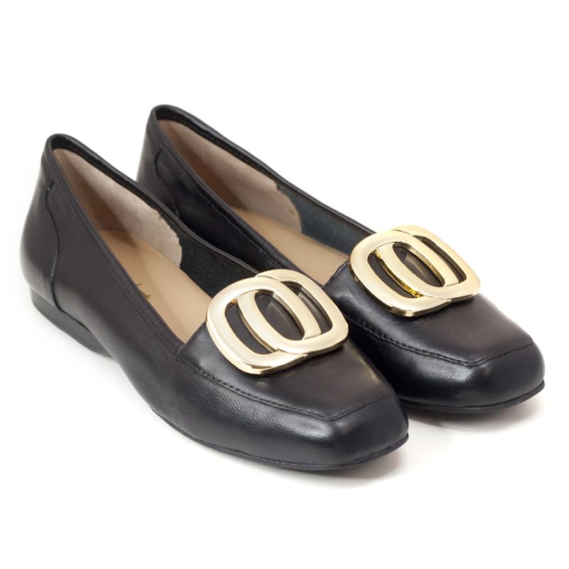Women's Leather Ballet Flats, Square Toe, Black with Gold